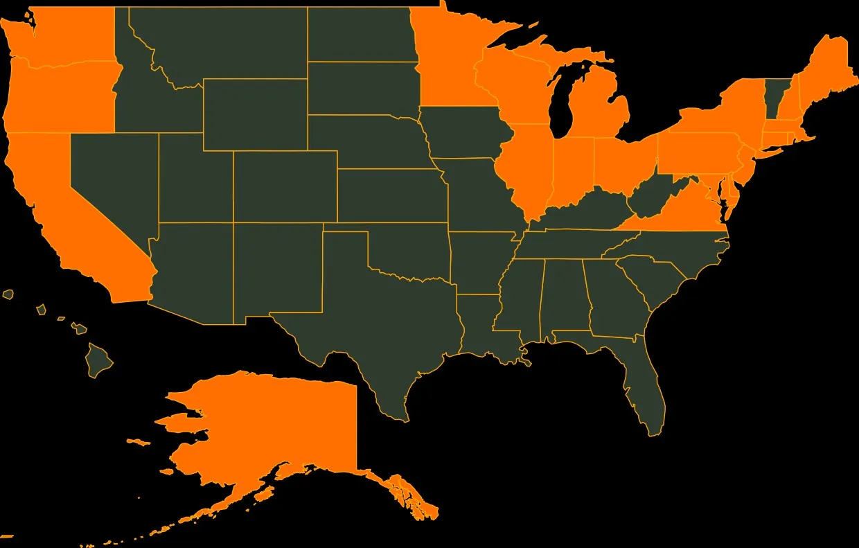 Map of the United States shaded where Scaup Greater is commonly found in hunting season