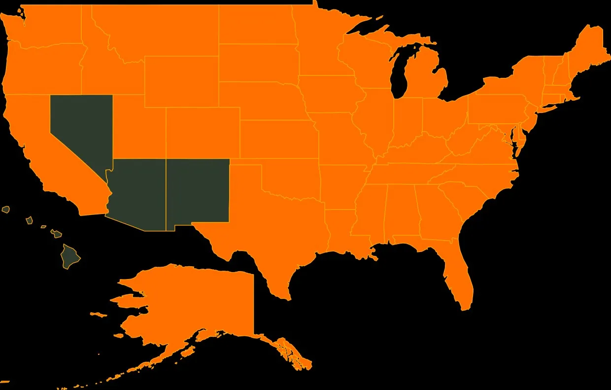 Map of the United States shaded orange where Canvasbacks are commonly found during hunting season