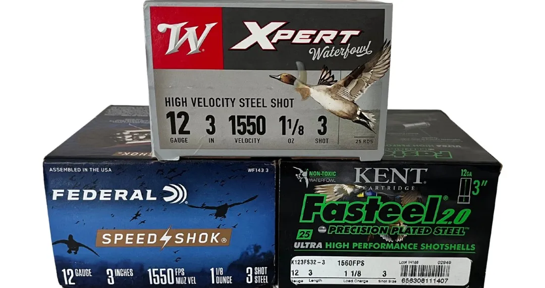Boxes of steel waterfowl shotshells from three manufacturers