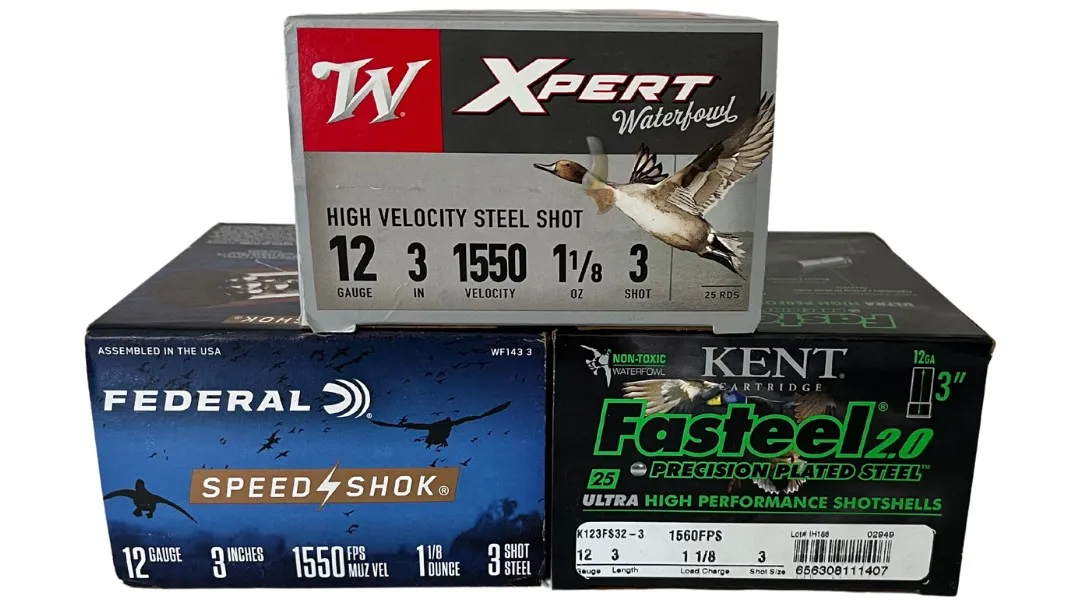Boxes of steel waterfowl shotshells from three manufacturers