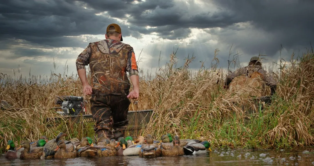 Two duck hunters in camouflage setting out Mallard decoys at the edge of a marsh under a stormy sky