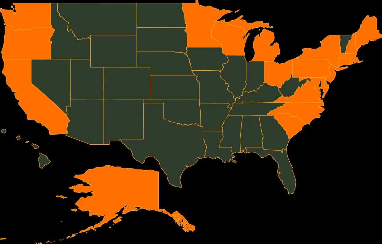 Map of the United States shaded where Surf Scoter is commonly found in hunting season
