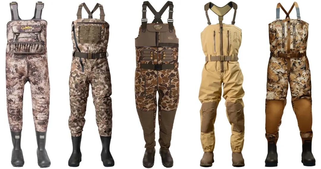 Five pairs of camouflage and tan chest waders