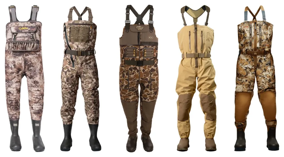 Five pairs of camouflage and tan chest waders